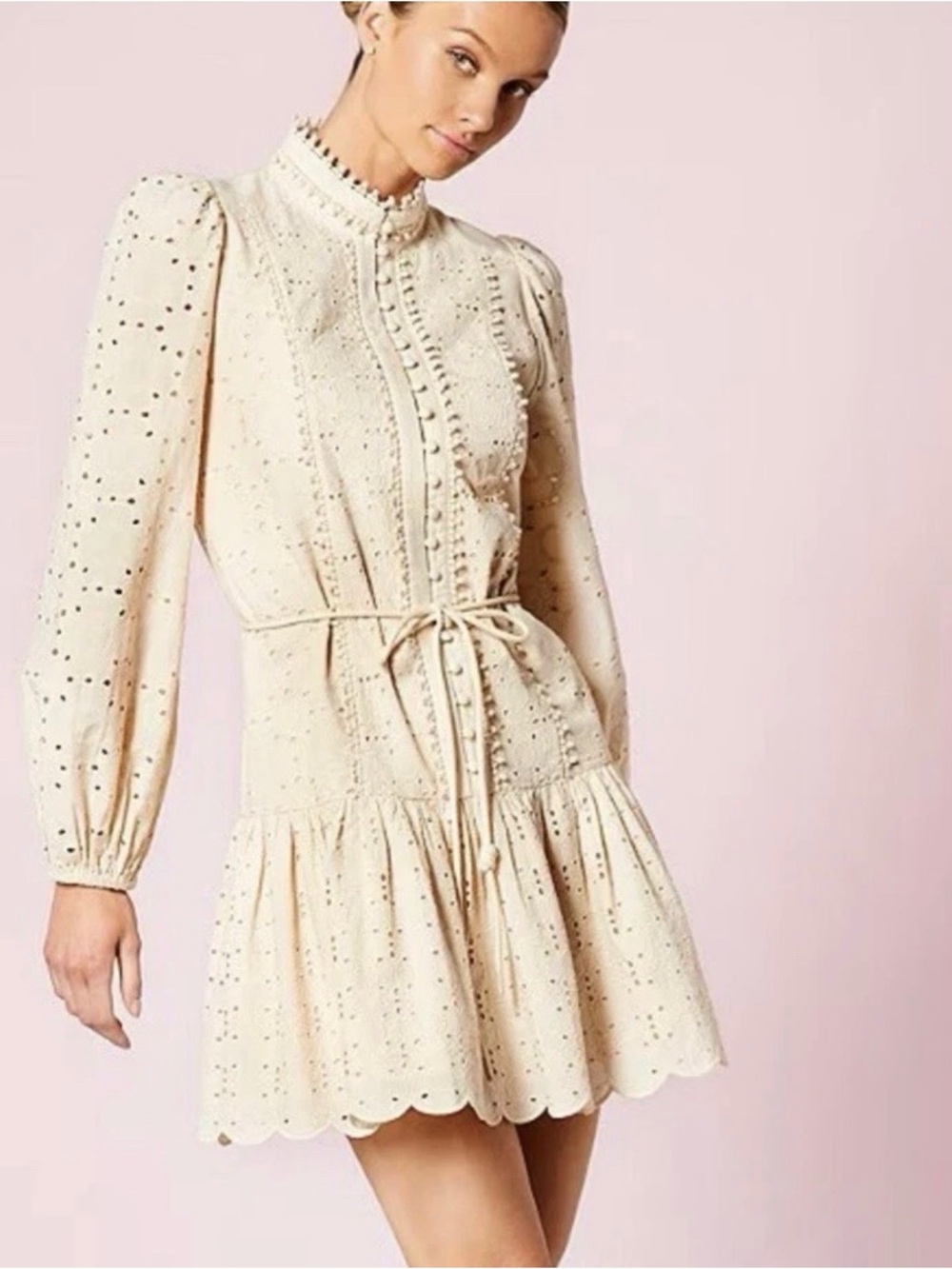 ANTONIO MELANI Cream Eyelet Tie-Waist Mini Dress